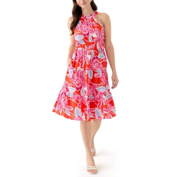 NWT Eliza J Poppy Sleeveless Floral Pink Tropical Halter Midi Dress Pockets 8 - Picture 1 of 15